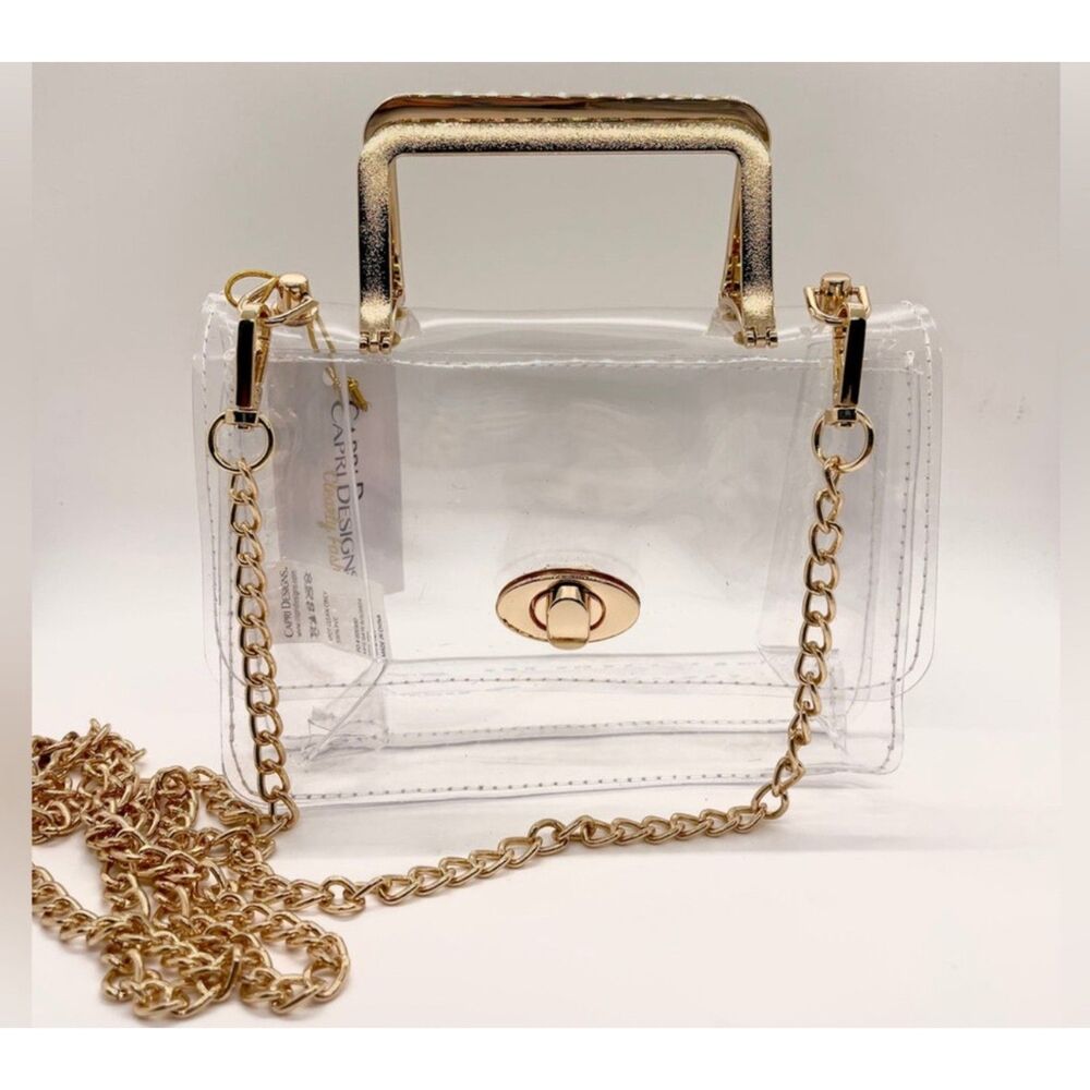 Small Clear Jelly Fashionable Stadium approved Gold Tone Accents Crossbody Bag